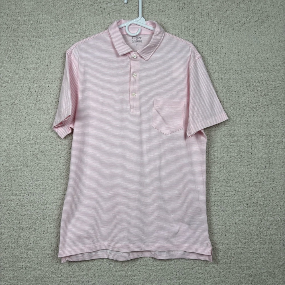 J. Crew Factory Shirt Mens L Pink Striped Slub Jersey Pocket Polo Short Sleeve